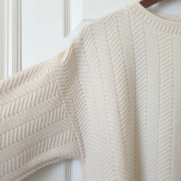 Trader Bay 90's Vintage Hand Framed Herringbone Knit Crewneck Sweater Cream M - Picture 3 of 10
